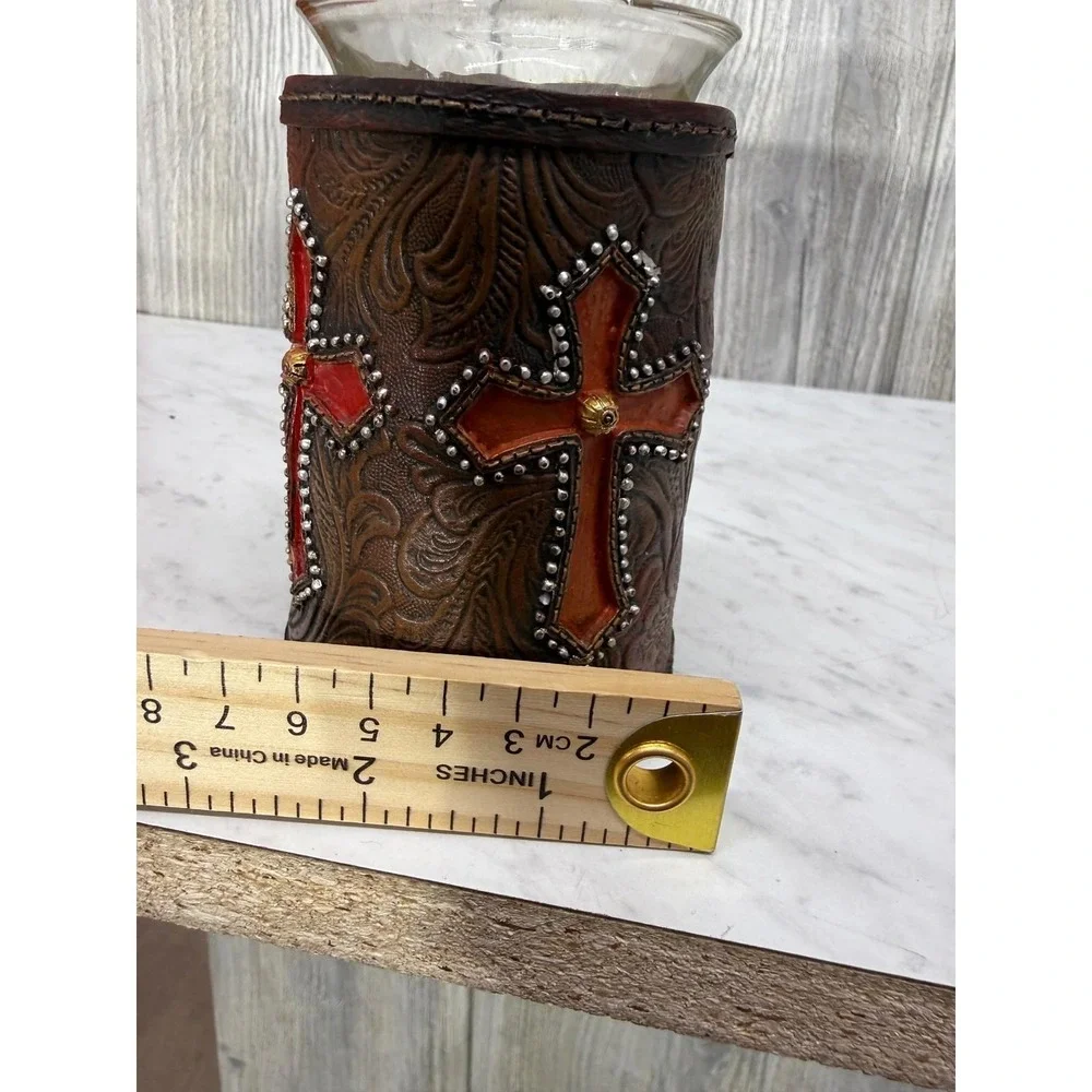 Western Tooled Faux Leather Cross Candle Holder Glass Votive Turquoise Red Brown